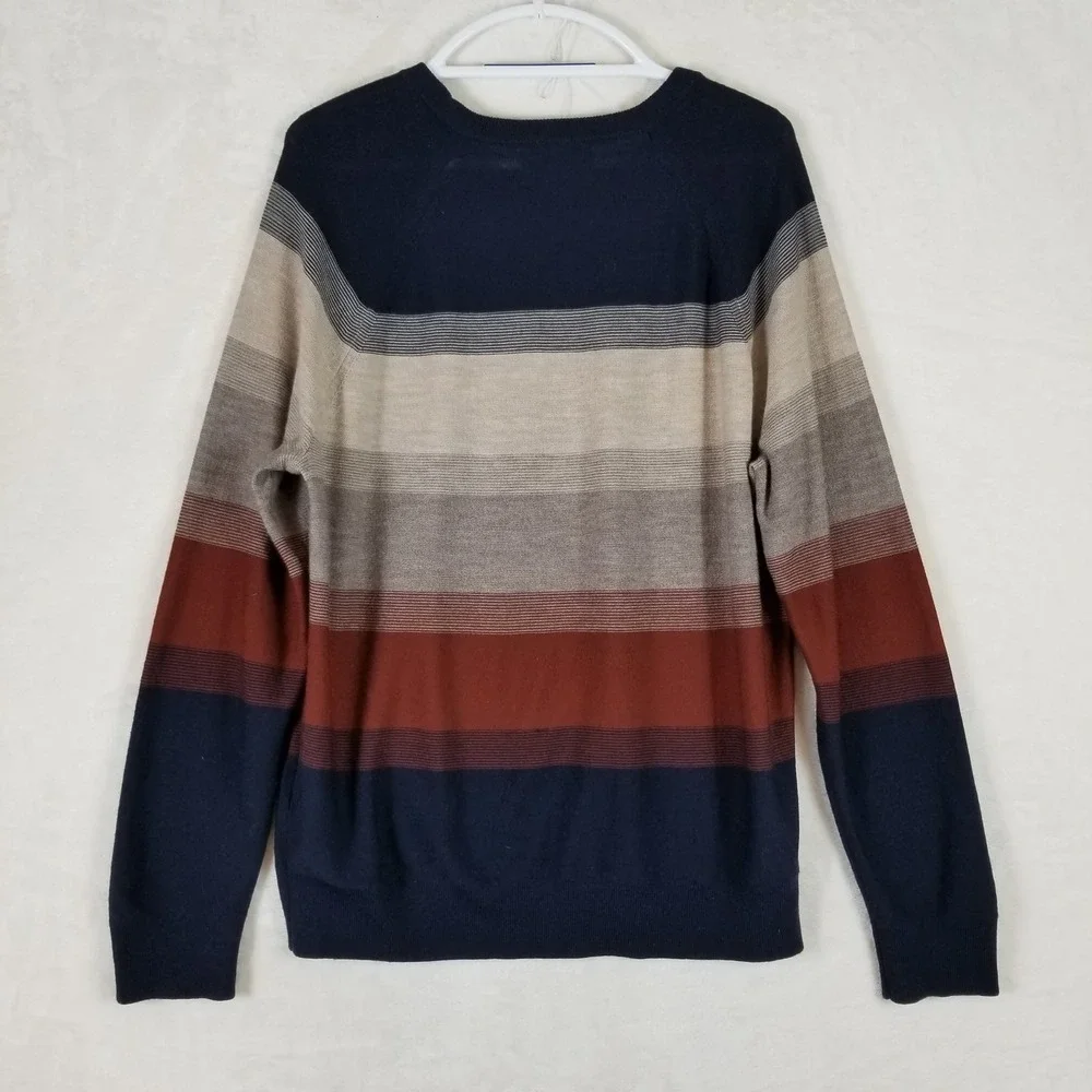 Banana Republic Sweater Mens Large Navy Rust Striped 100%‎ Merino Wool Pullover